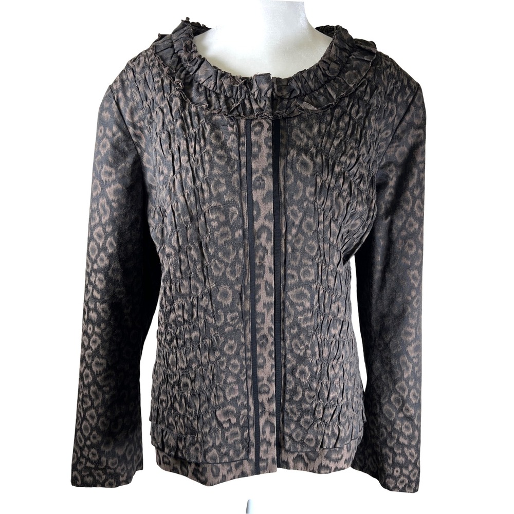 Tahari Woman Statement Jacket Size 18 Brown Leopard Print Ruffle Collar Textured